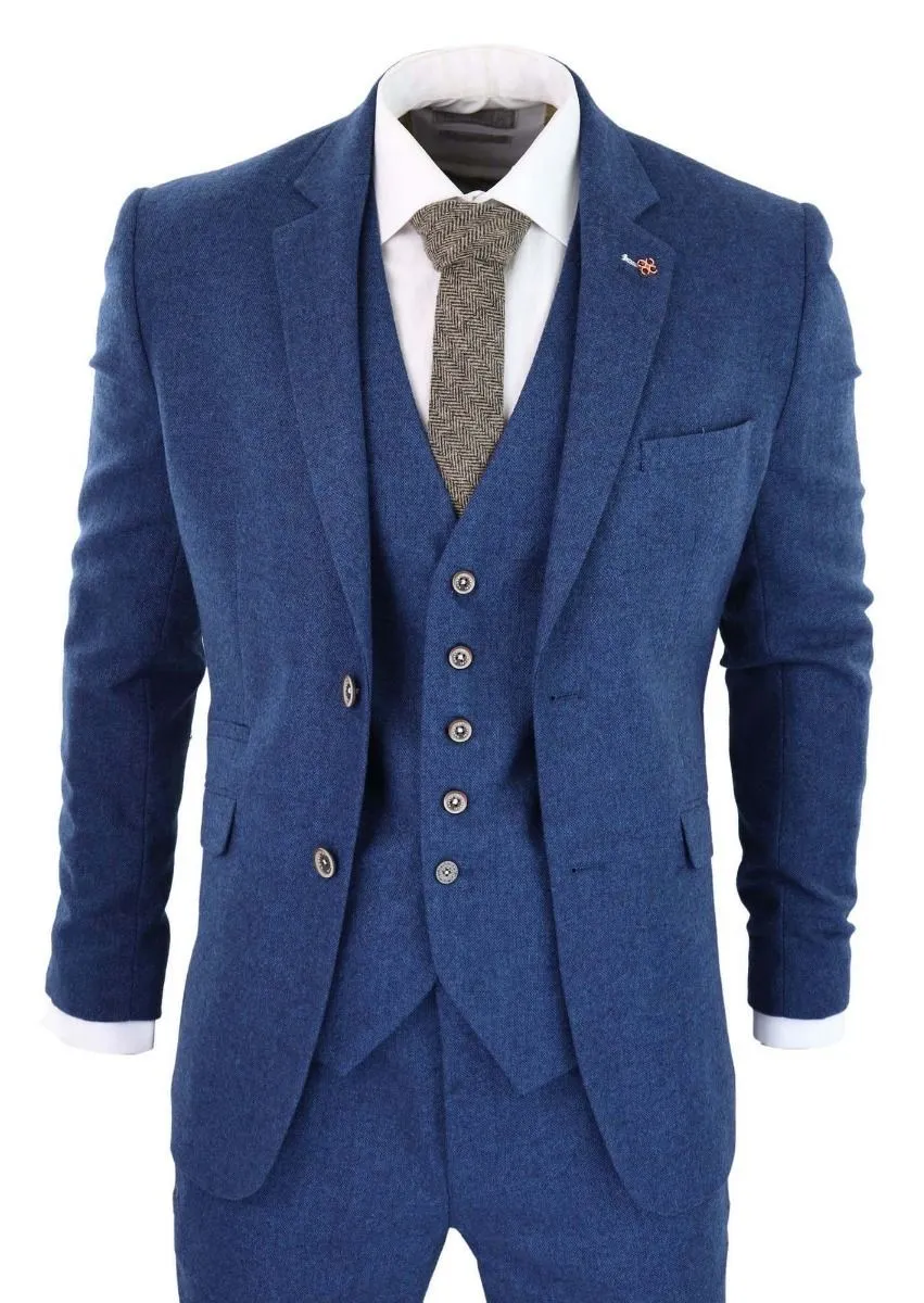 Herren 3-teiliger blauer Tweed-Woll-Köper Vintage-Klassiker Anzug