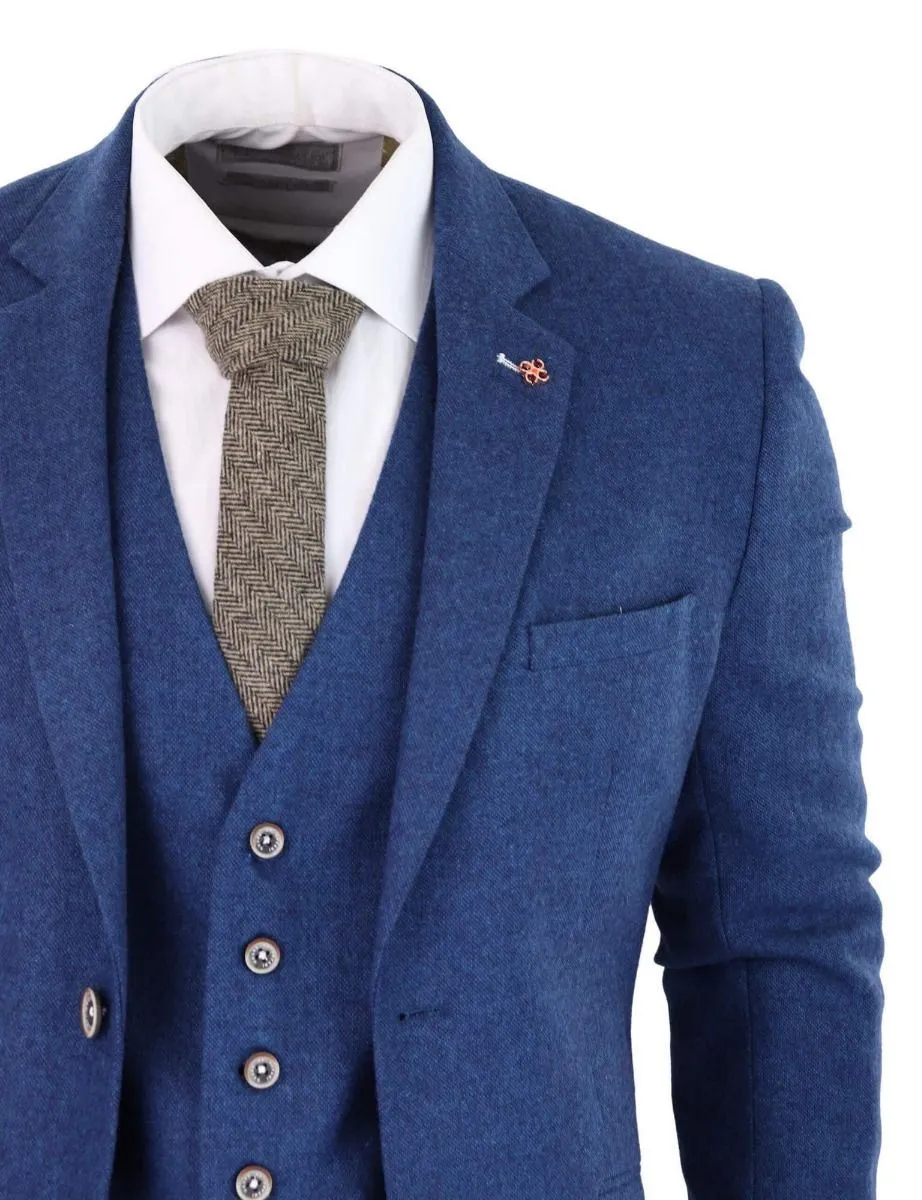 Herren 3-teiliger blauer Tweed-Woll-Köper Vintage-Klassiker Anzug