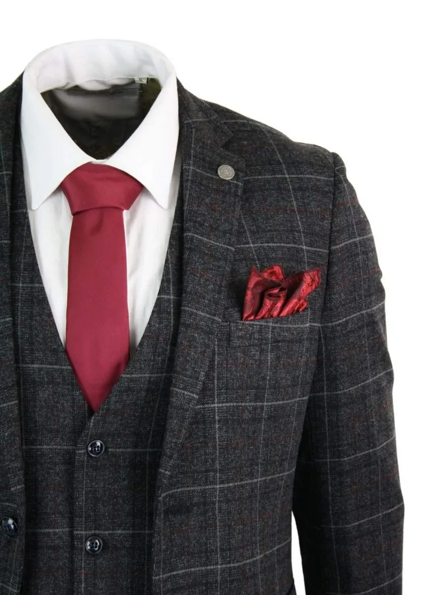 Herren 3-teiliger Vintage Retro-Anzug in Grau meliertem Tweed-Karo