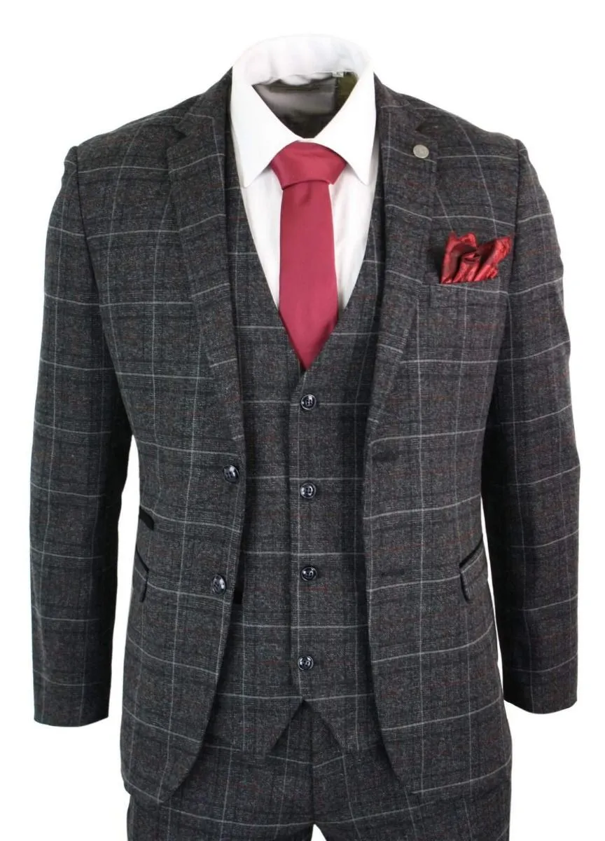 Herren 3-teiliger Vintage Retro-Anzug in Grau meliertem Tweed-Karo
