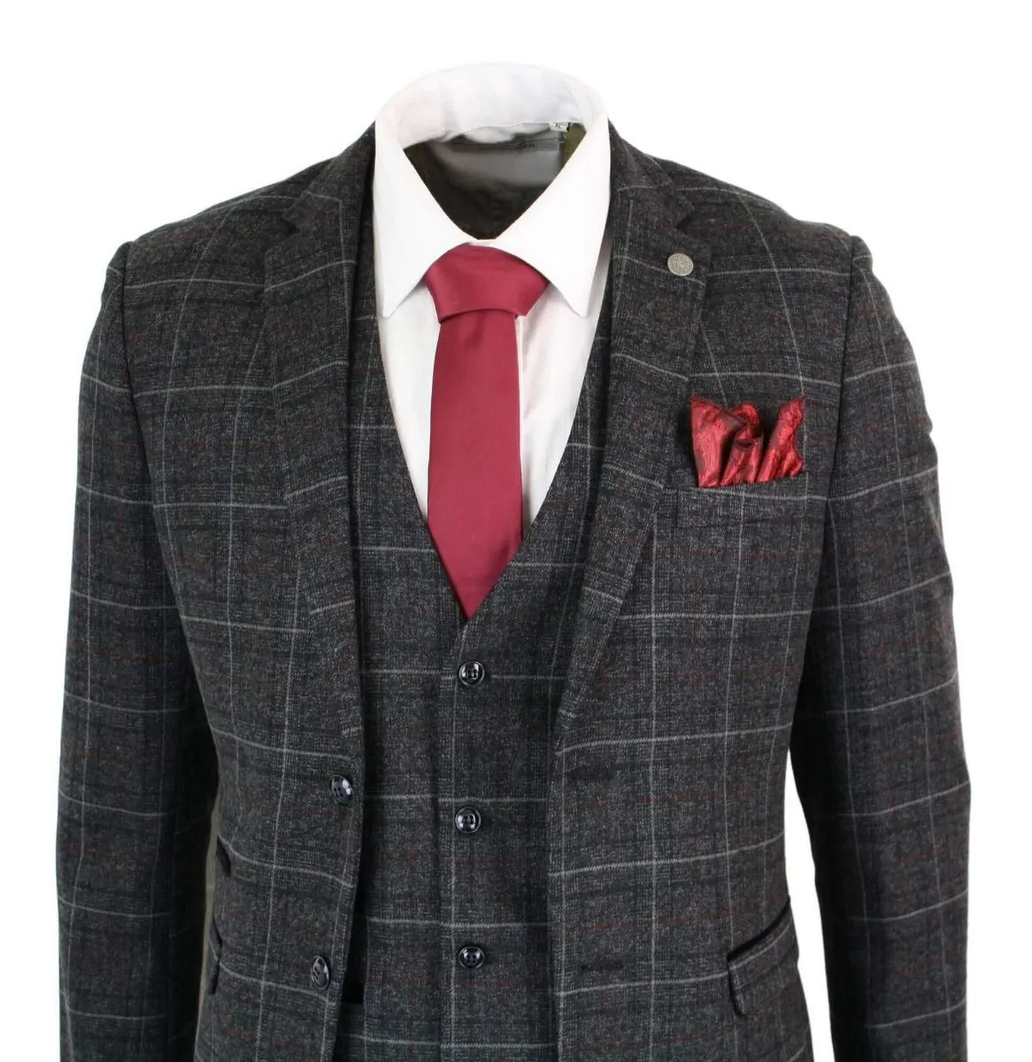 Herren 3-teiliger Vintage Retro-Anzug in Grau meliertem Tweed-Karo
