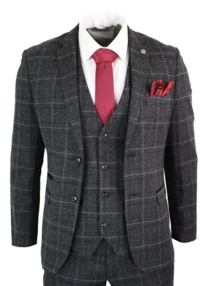 Herren 3-teiliger Vintage Retro-Anzug in Grau meliertem Tweed-Karo