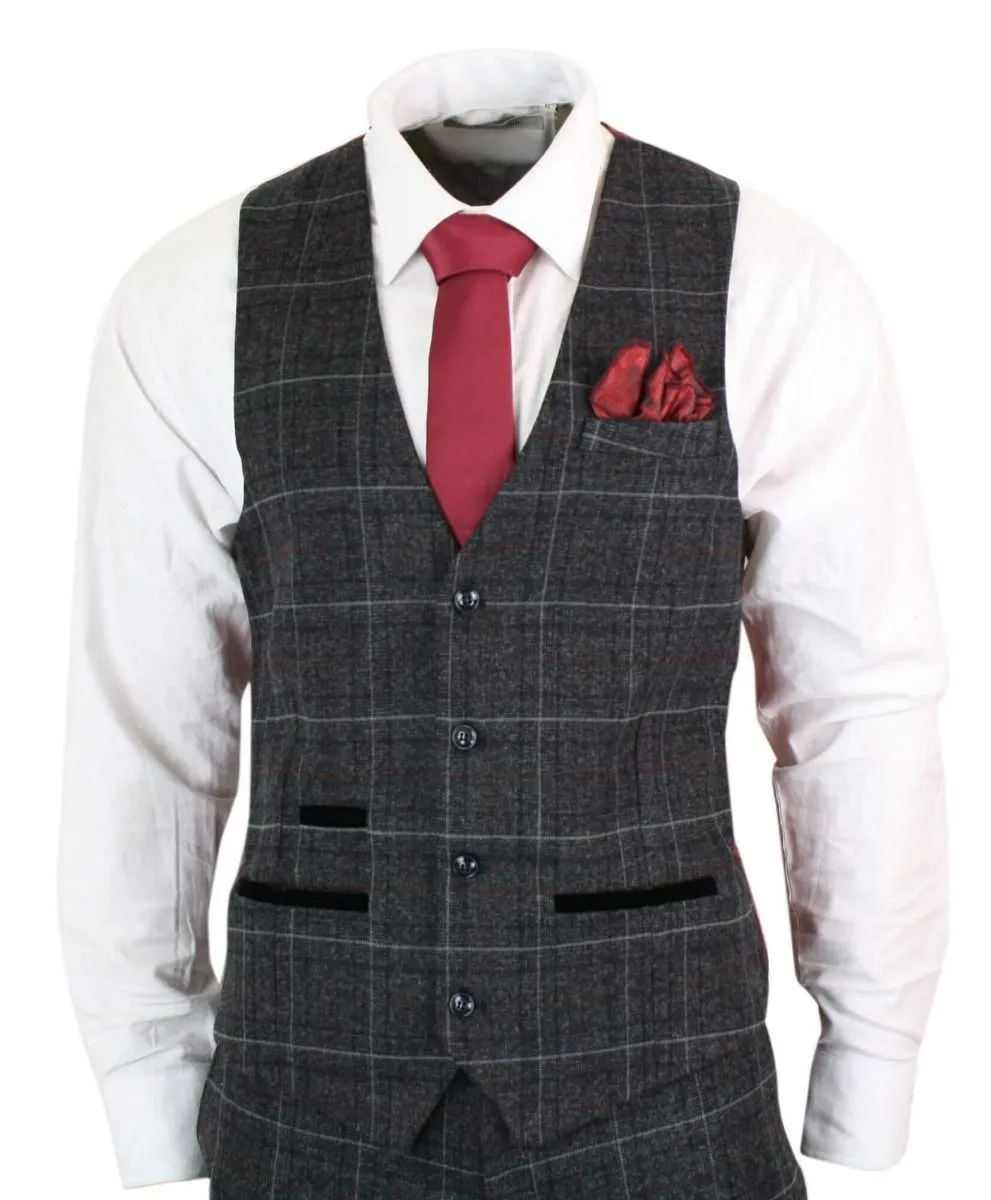 Herren 3-teiliger Vintage Retro-Anzug in Grau meliertem Tweed-Karo