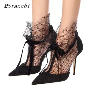 MStacchi Sexy Mesh Knöchelstiefel Damen Frühling Spitze Schleifen Schuhe Frau Ausgeschnittene High Heels Party Schuhe Hochzeits Schuhe Fashion Nova Schuhe