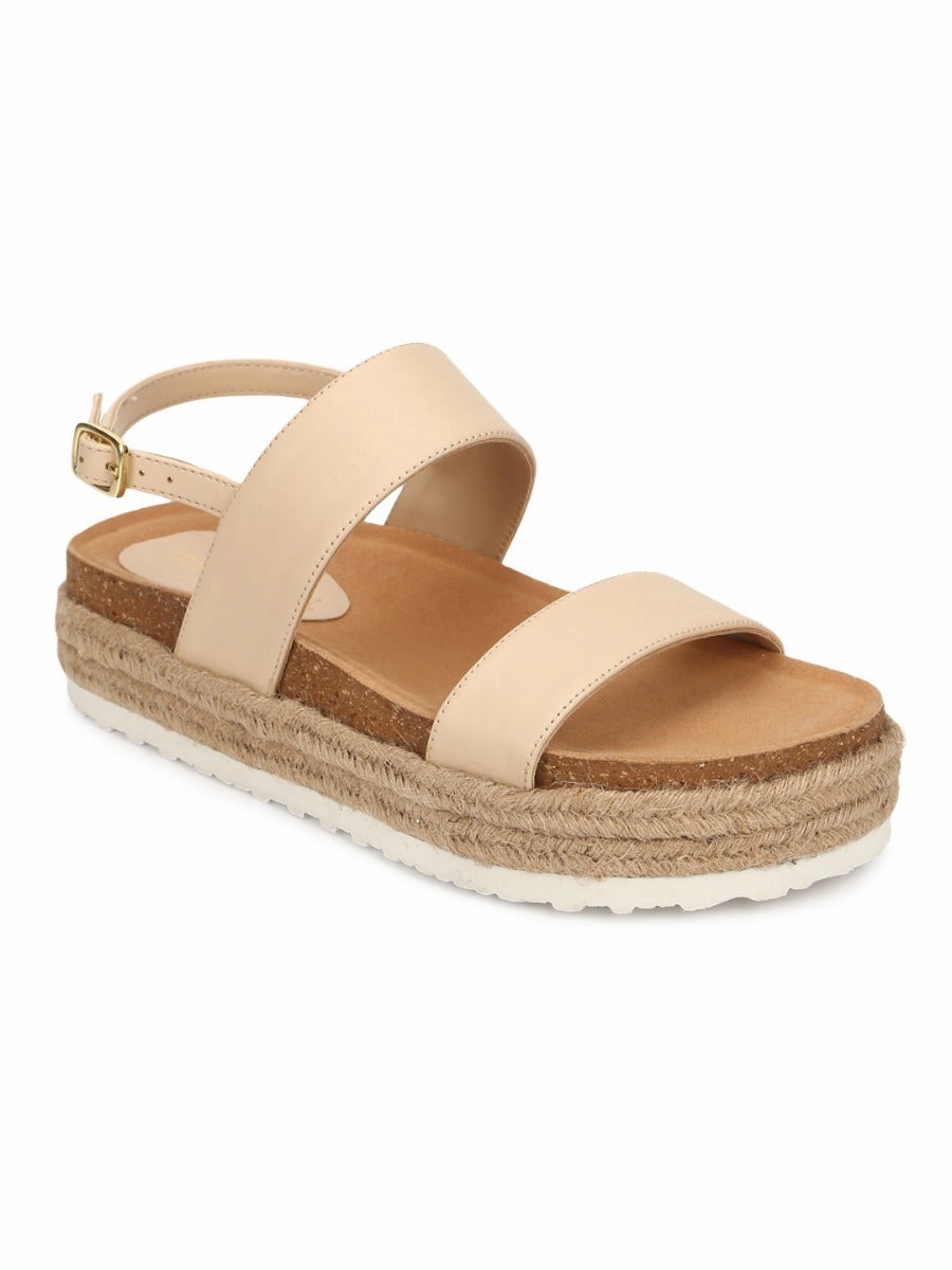 Nude PU Platform Wedges With Back Strap Espadrilles Sandals