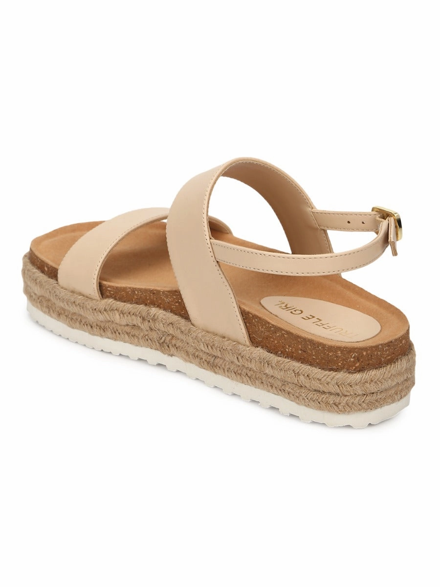 Nude PU Platform Wedges With Back Strap Espadrilles Sandals