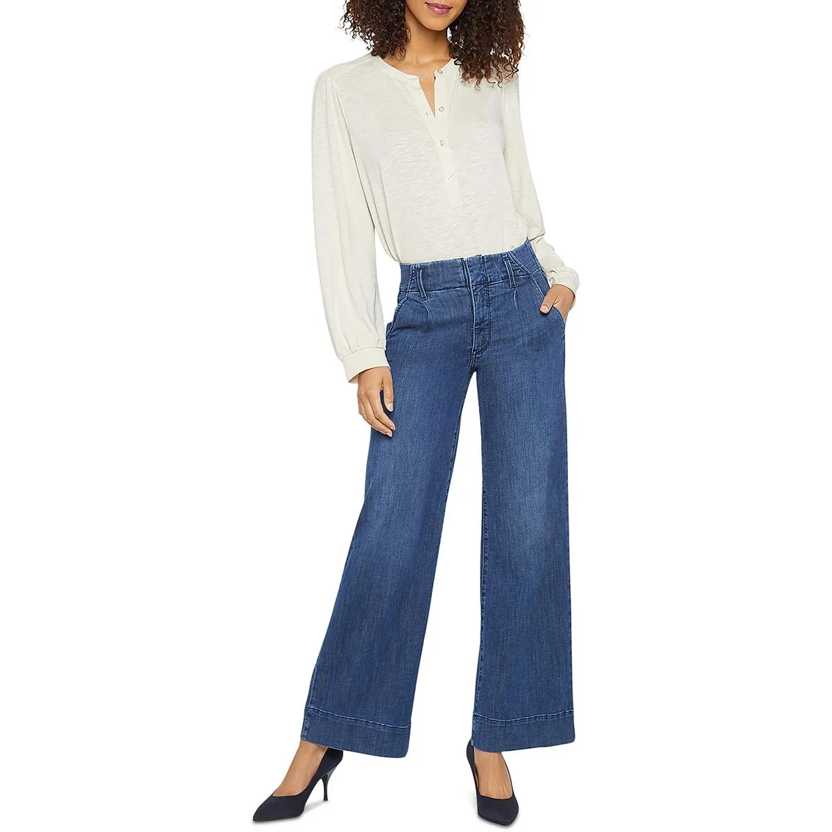 NYDJ Damen Mona Plissierte Baumwoll-Weitbeinjeans