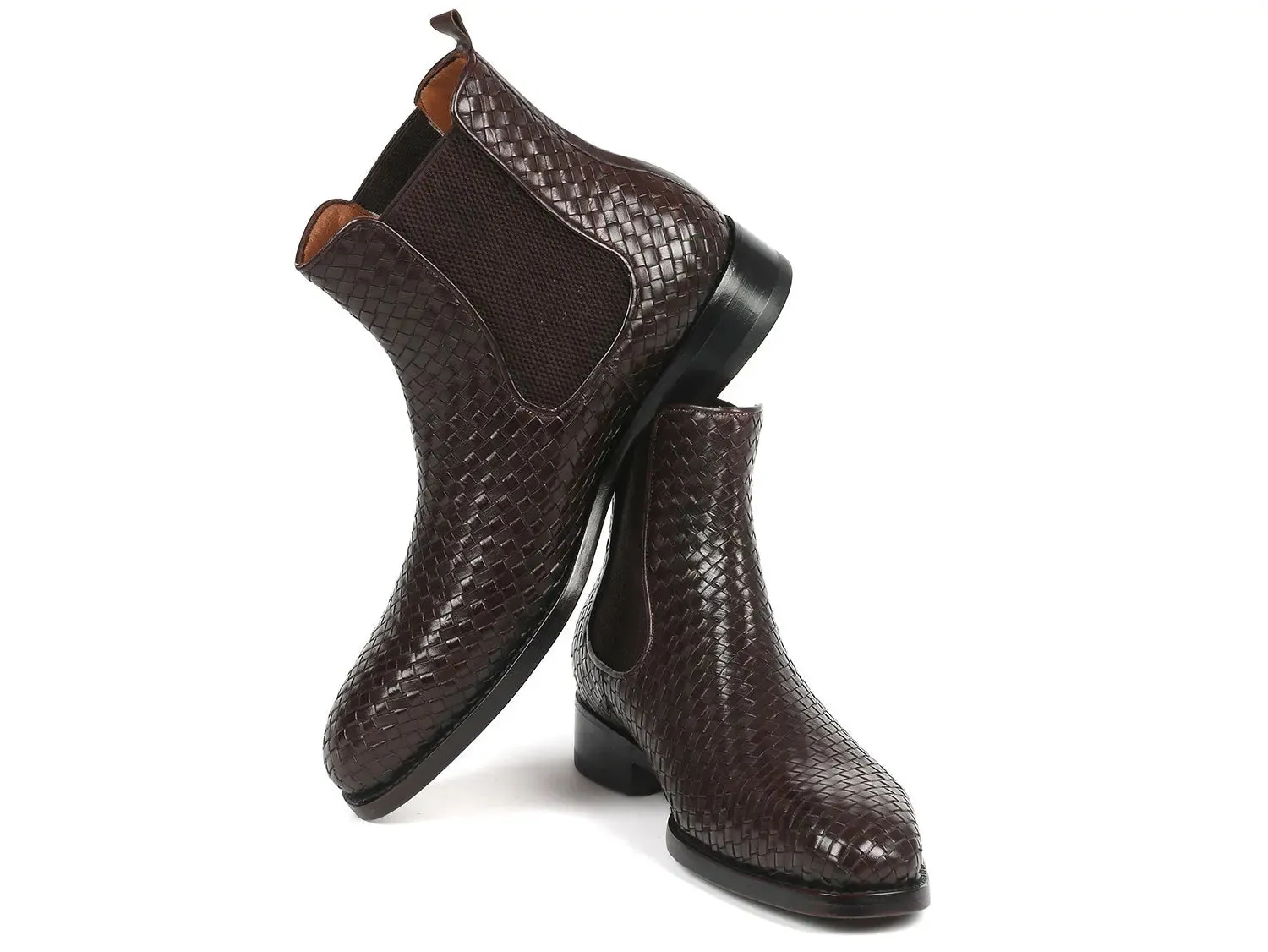Paul Parkman Schuhe Paul Parkman Herren Geflochtene Leder Chelsea Stiefel in Schokoladenbraun