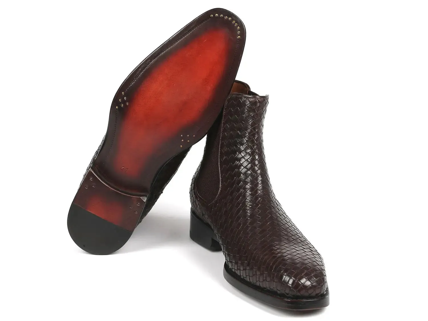 Paul Parkman Schuhe Paul Parkman Herren Geflochtene Leder Chelsea Stiefel in Schokoladenbraun