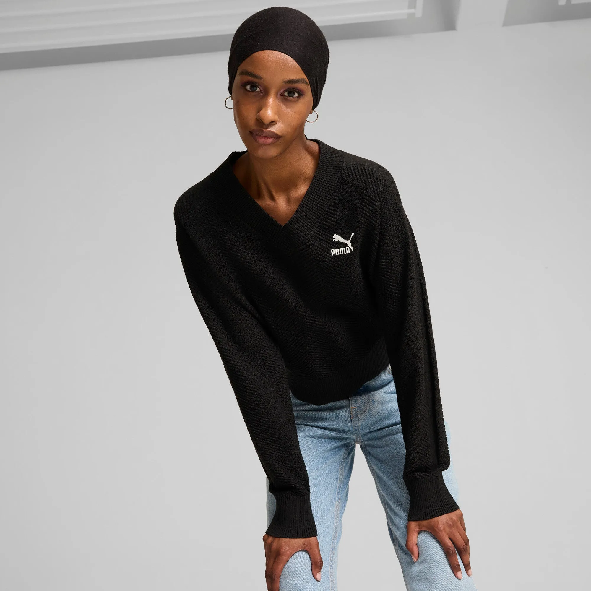PUMA Damen T7 Strick-V-Ausschnitt Crew