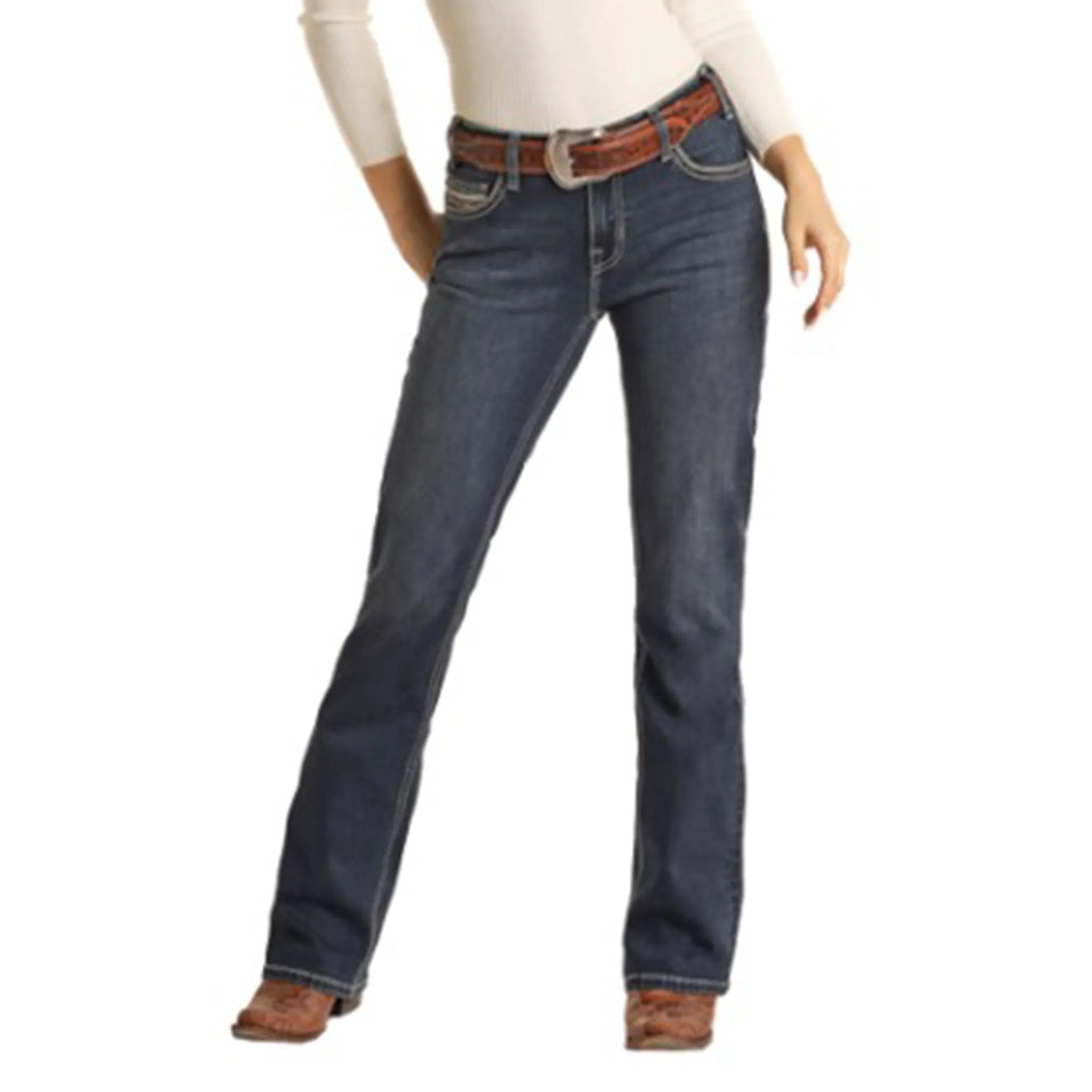 Rock & Roll Damen Jeans in Dunklem Waschton mit Rope-Stitch-Detail und Bootcut-Schnitt