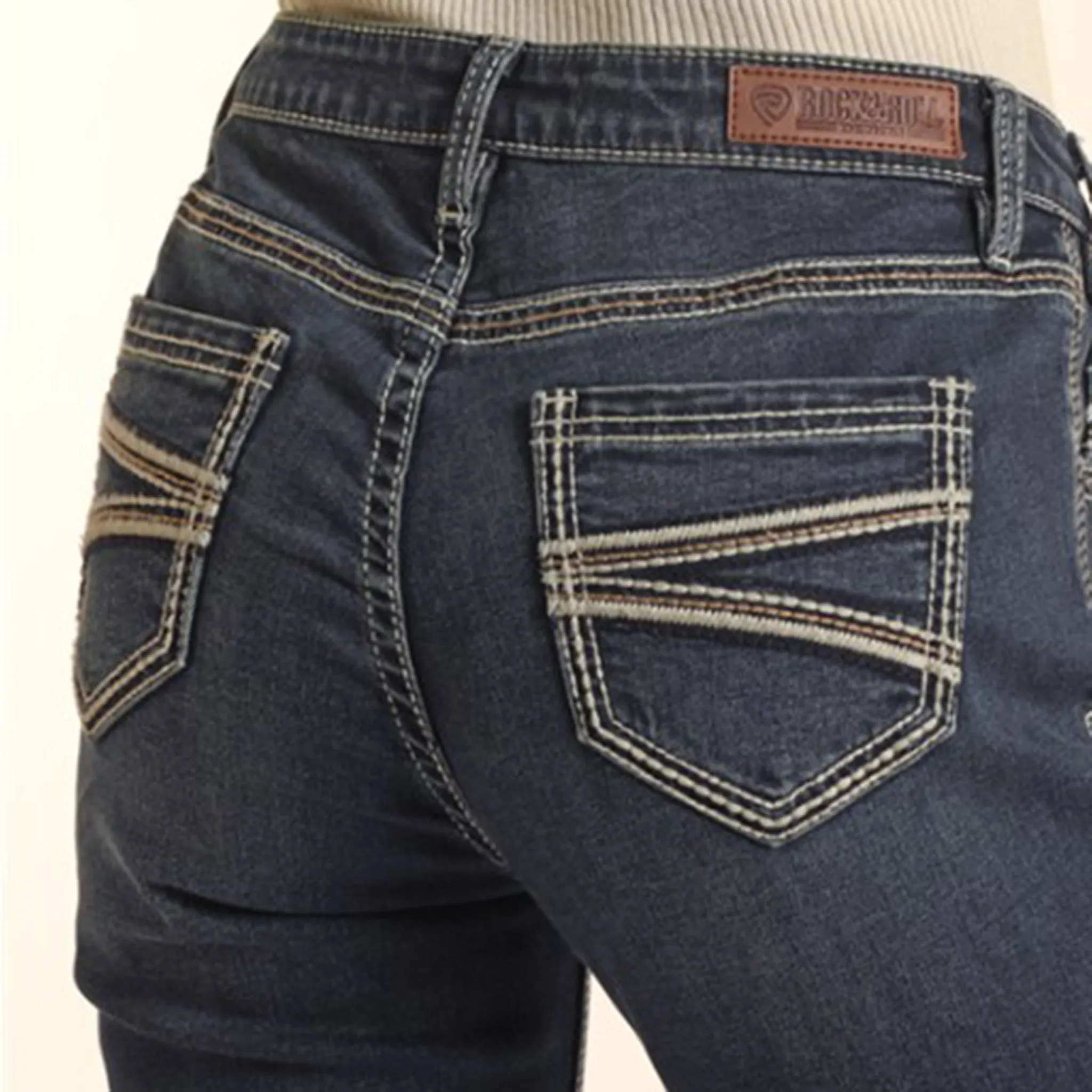 Rock & Roll Damen Jeans in Dunklem Waschton mit Rope-Stitch-Detail und Bootcut-Schnitt