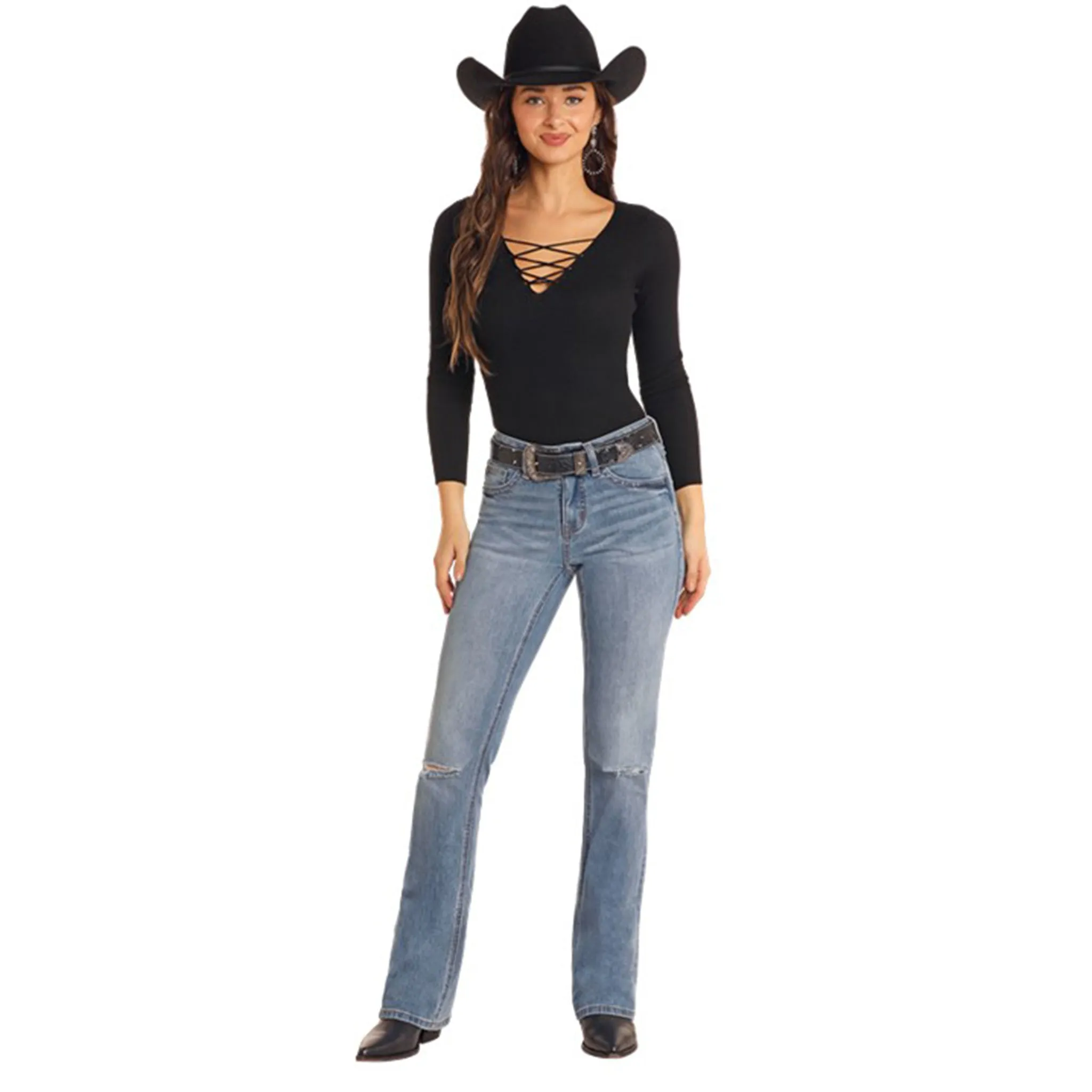 Rock & Roll Damen Jeans mit mittlerer Waschung, verwaschener Optik und Bootcut-Schnitt