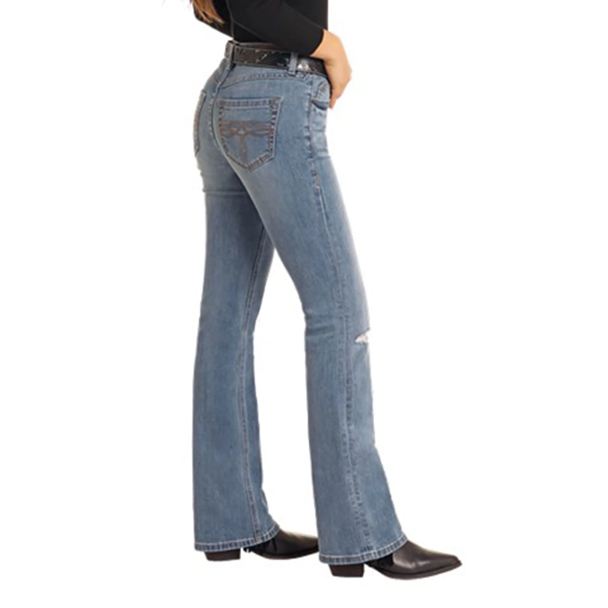 Rock & Roll Damen Jeans mit mittlerer Waschung, verwaschener Optik und Bootcut-Schnitt
