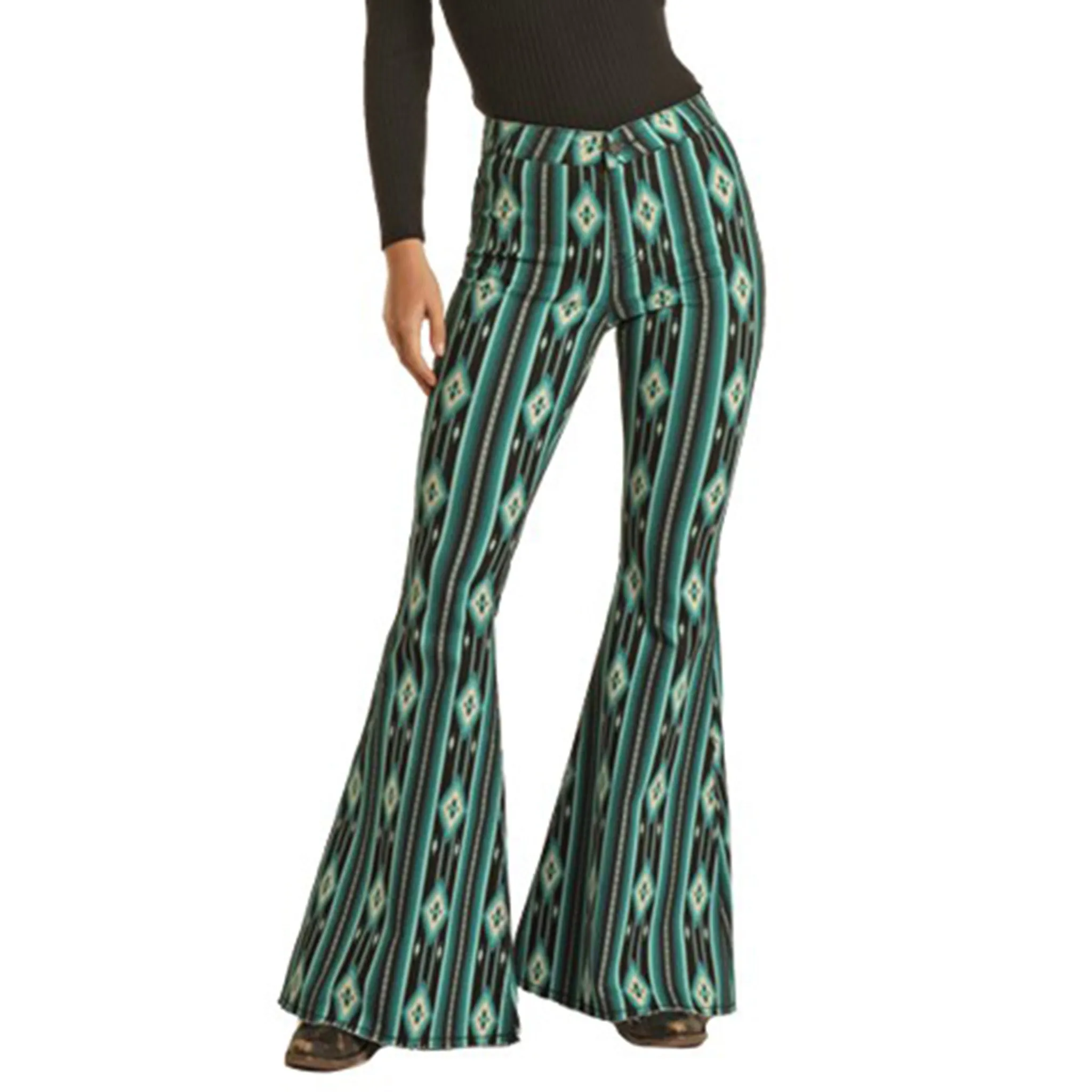 Rock & Roll Damen Stretch-Schlaghosen in Petrol/Schwarz