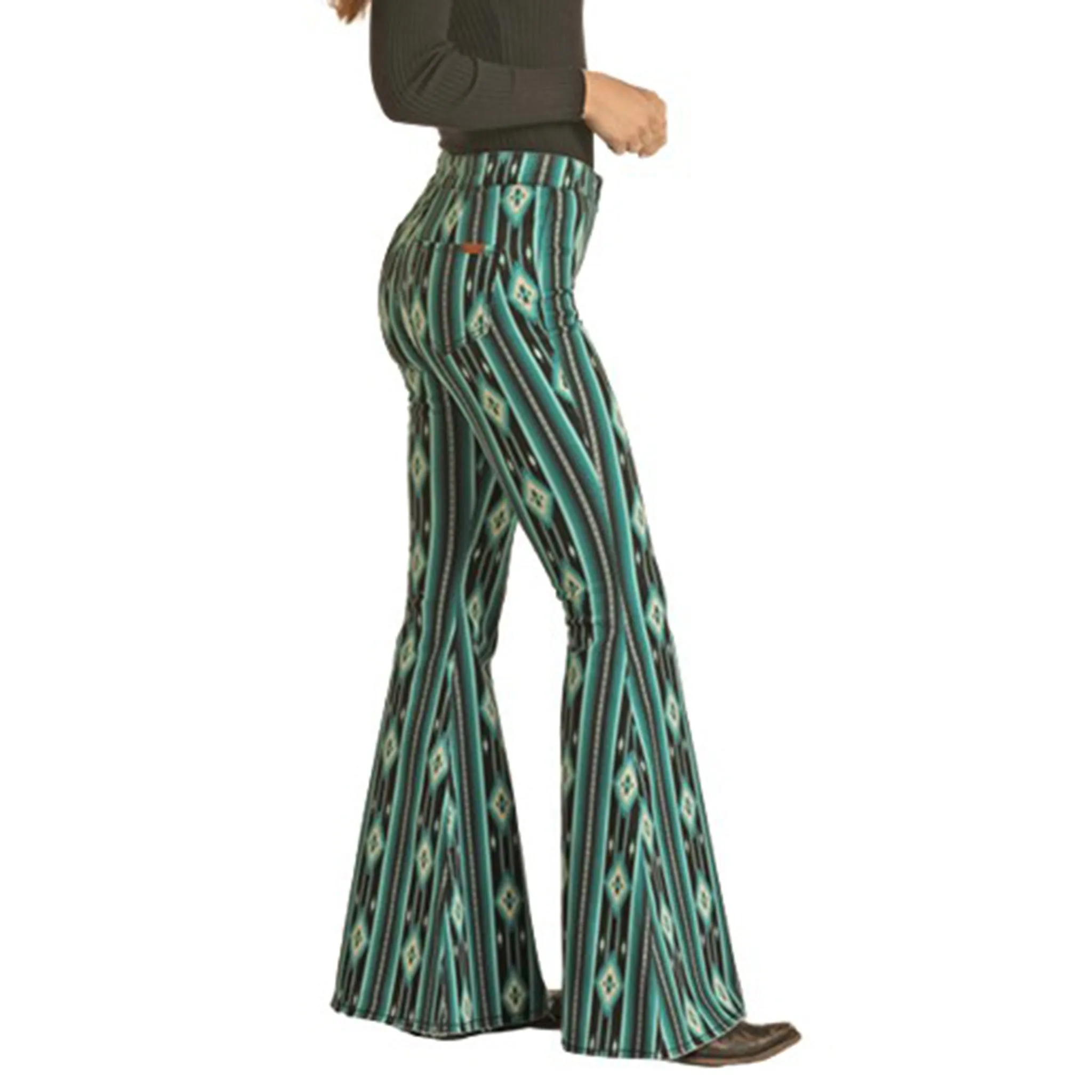 Rock & Roll Damen Stretch-Schlaghosen in Petrol/Schwarz