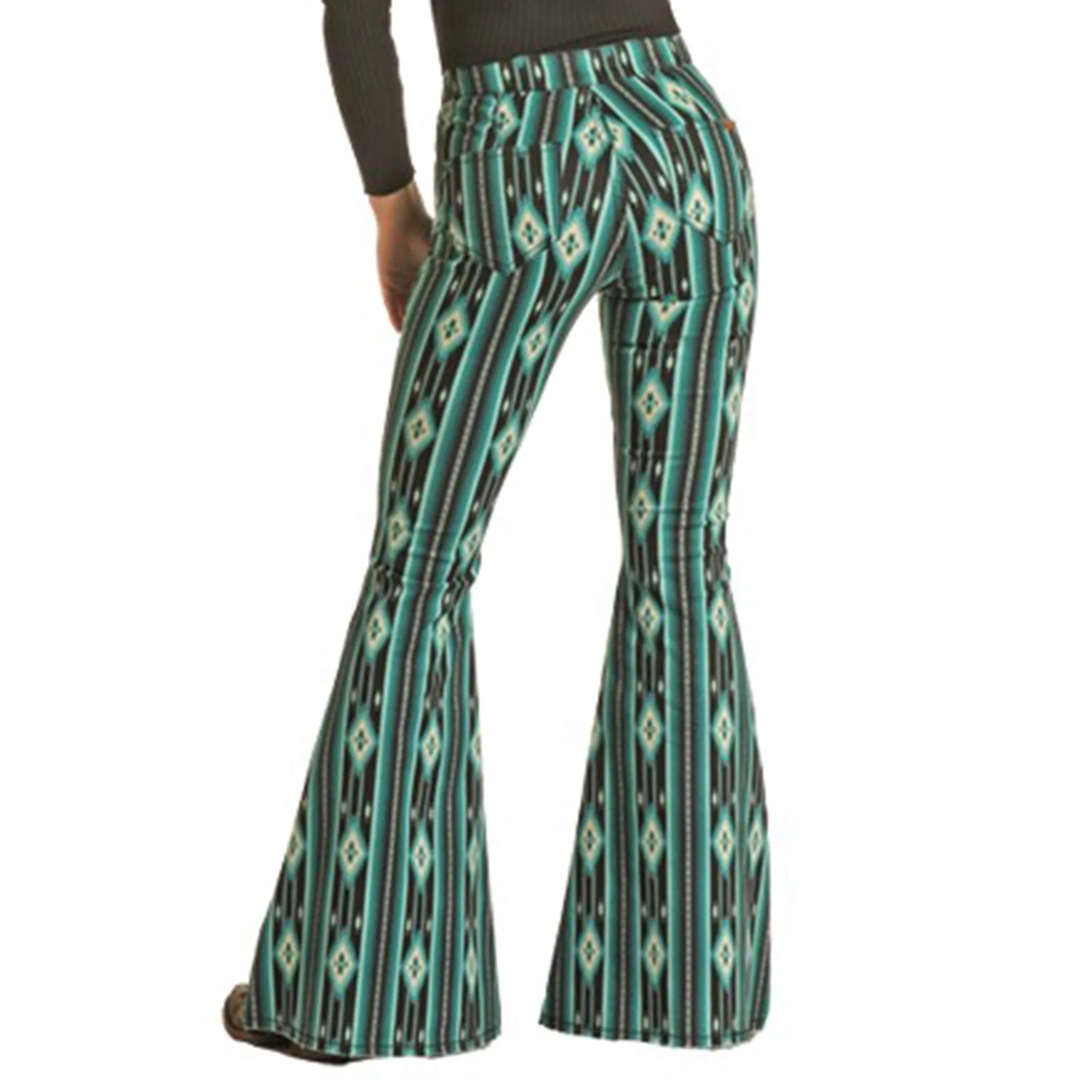 Rock & Roll Damen Stretch-Schlaghosen in Petrol/Schwarz