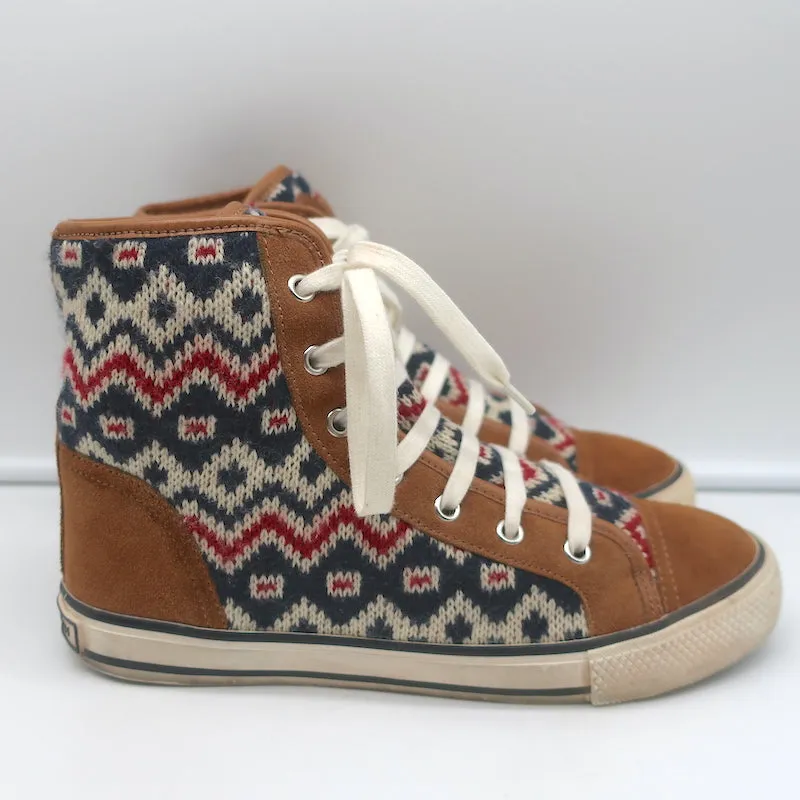 Tory Burch Noah Fair Isle Strick-High-Top-Sneakers Braun Wildleder Größe 8