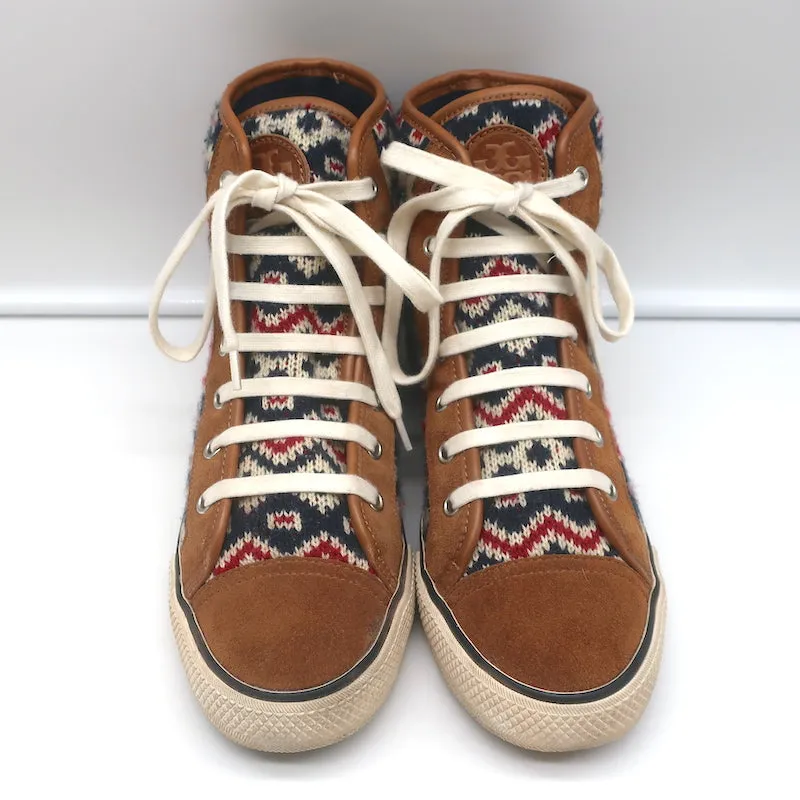 Tory Burch Noah Fair Isle Strick-High-Top-Sneakers Braun Wildleder Größe 8