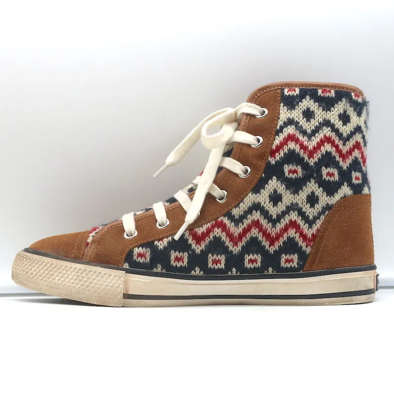 Tory Burch Noah Fair Isle Strick-High-Top-Sneakers Braun Wildleder Größe 8