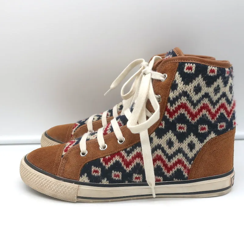 Tory Burch Noah Fair Isle Strick-High-Top-Sneakers Braun Wildleder Größe 8