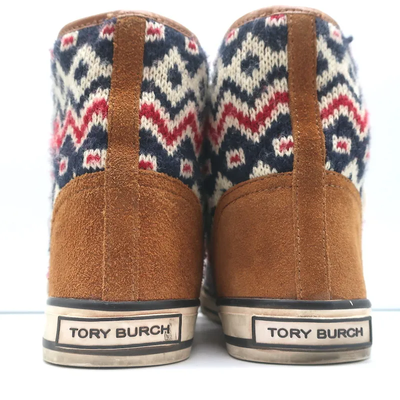 Tory Burch Noah Fair Isle Strick-High-Top-Sneakers Braun Wildleder Größe 8