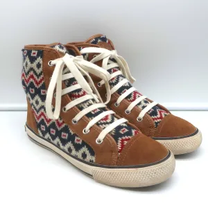 Tory Burch Noah Fair Isle Strick-High-Top-Sneakers Braun Wildleder Größe 8