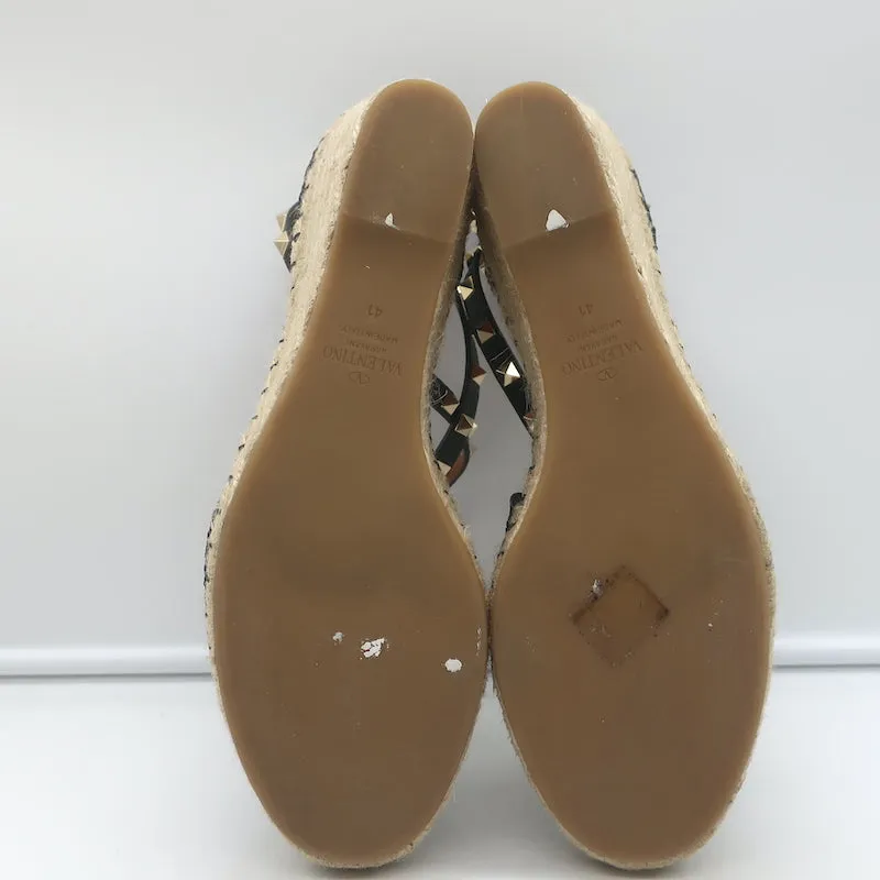 Valentino Rockstud Doppel-Espadrille Keilabsätze Schwarz Geprägtes Leder Größe 41