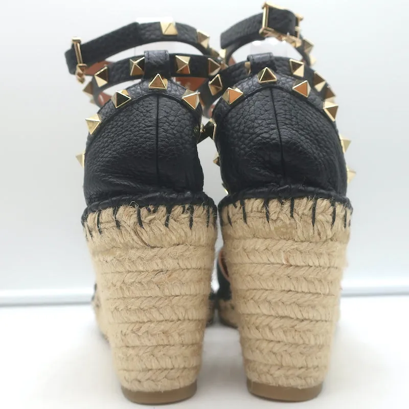Valentino Rockstud Doppel-Espadrille Keilabsätze Schwarz Geprägtes Leder Größe 41