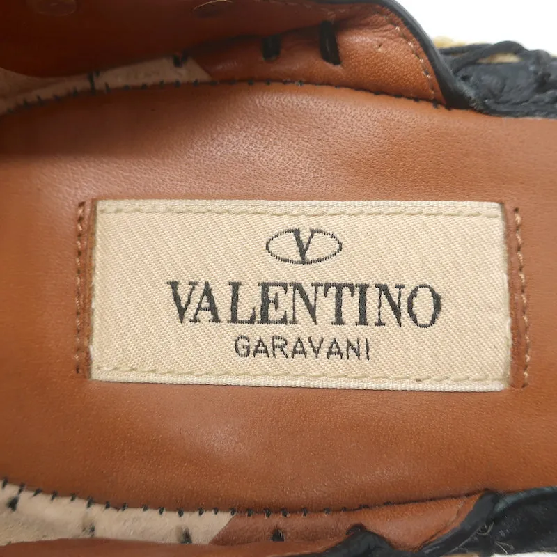 Valentino Rockstud Doppel-Espadrille Keilabsätze Schwarz Geprägtes Leder Größe 41