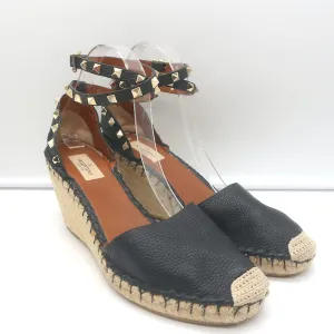 Valentino Rockstud Doppel-Espadrille Keilabsätze Schwarz Geprägtes Leder Größe 41