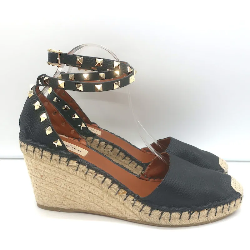 Valentino Rockstud Doppel-Espadrille Keilabsätze Schwarz Geprägtes Leder Größe 41