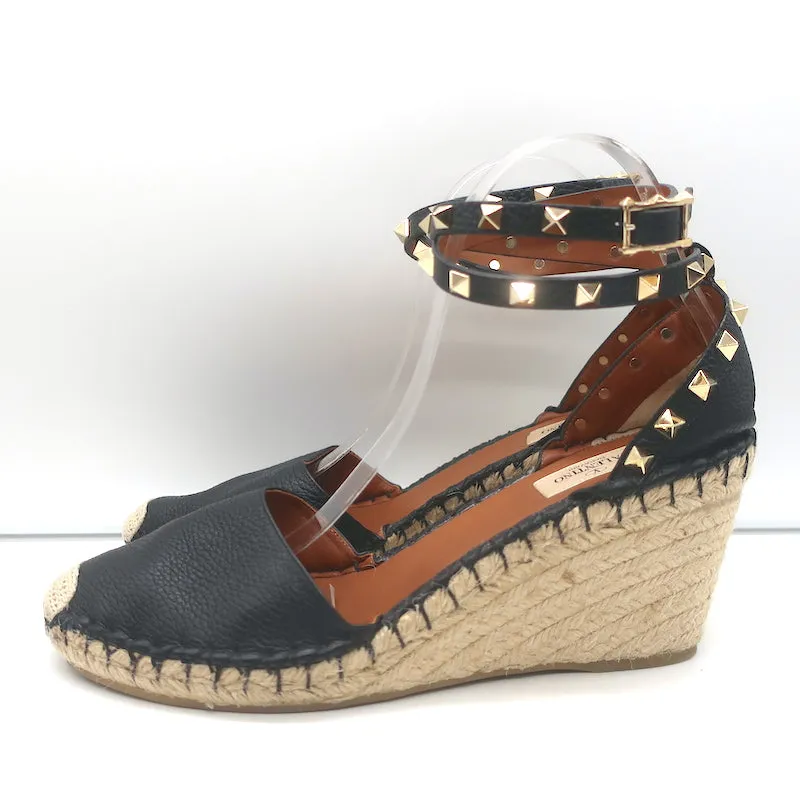 Valentino Rockstud Doppel-Espadrille Keilabsätze Schwarz Geprägtes Leder Größe 41