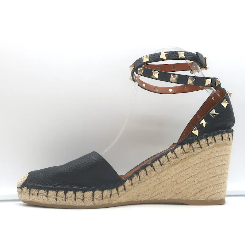Valentino Rockstud Doppel-Espadrille Keilabsätze Schwarz Geprägtes Leder Größe 41