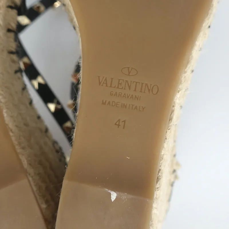 Valentino Rockstud Doppel-Espadrille Keilabsätze Schwarz Geprägtes Leder Größe 41
