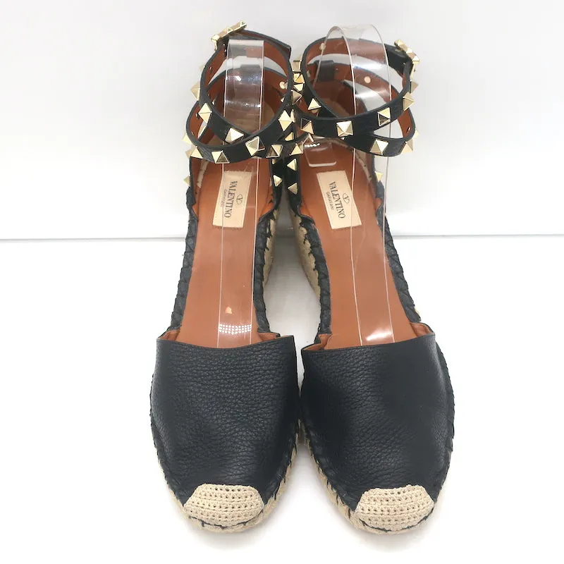 Valentino Rockstud Doppel-Espadrille Keilabsätze Schwarz Geprägtes Leder Größe 41