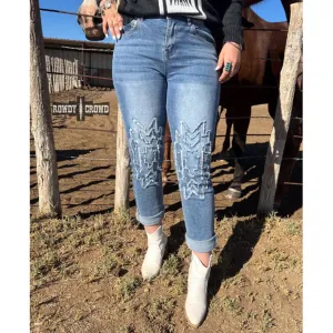 Designer-Jeans für Damen in Blau mit Azteken-Muster