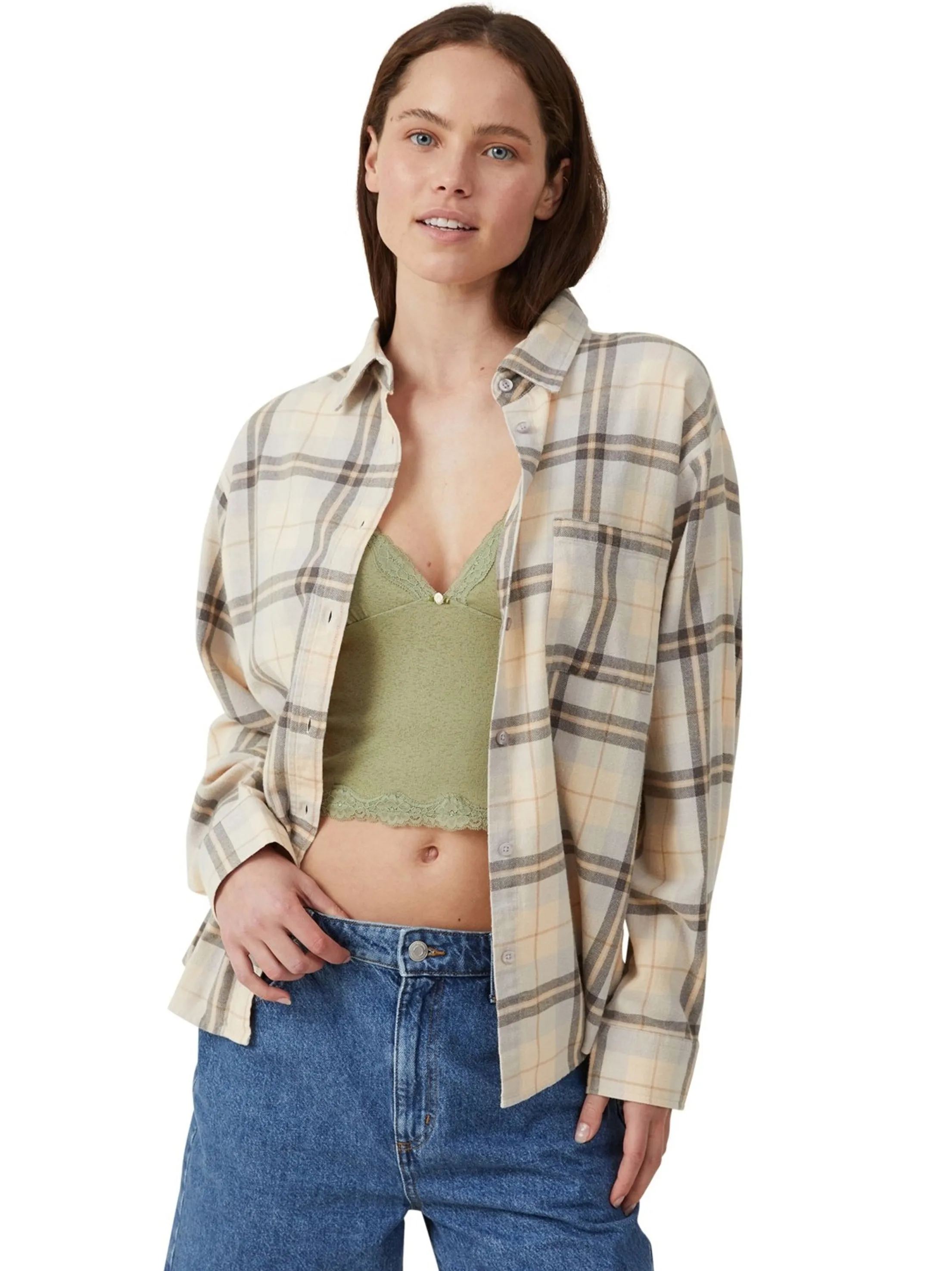 Damen-Karohemd mit Knopfleiste, Beige
