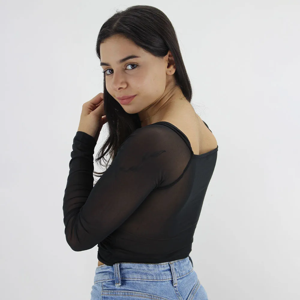 Damen Chiffon Ärmel Top mit Hakenverschluss, Schwarz