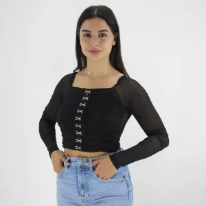 Damen Chiffon Ärmel Top mit Hakenverschluss, Schwarz