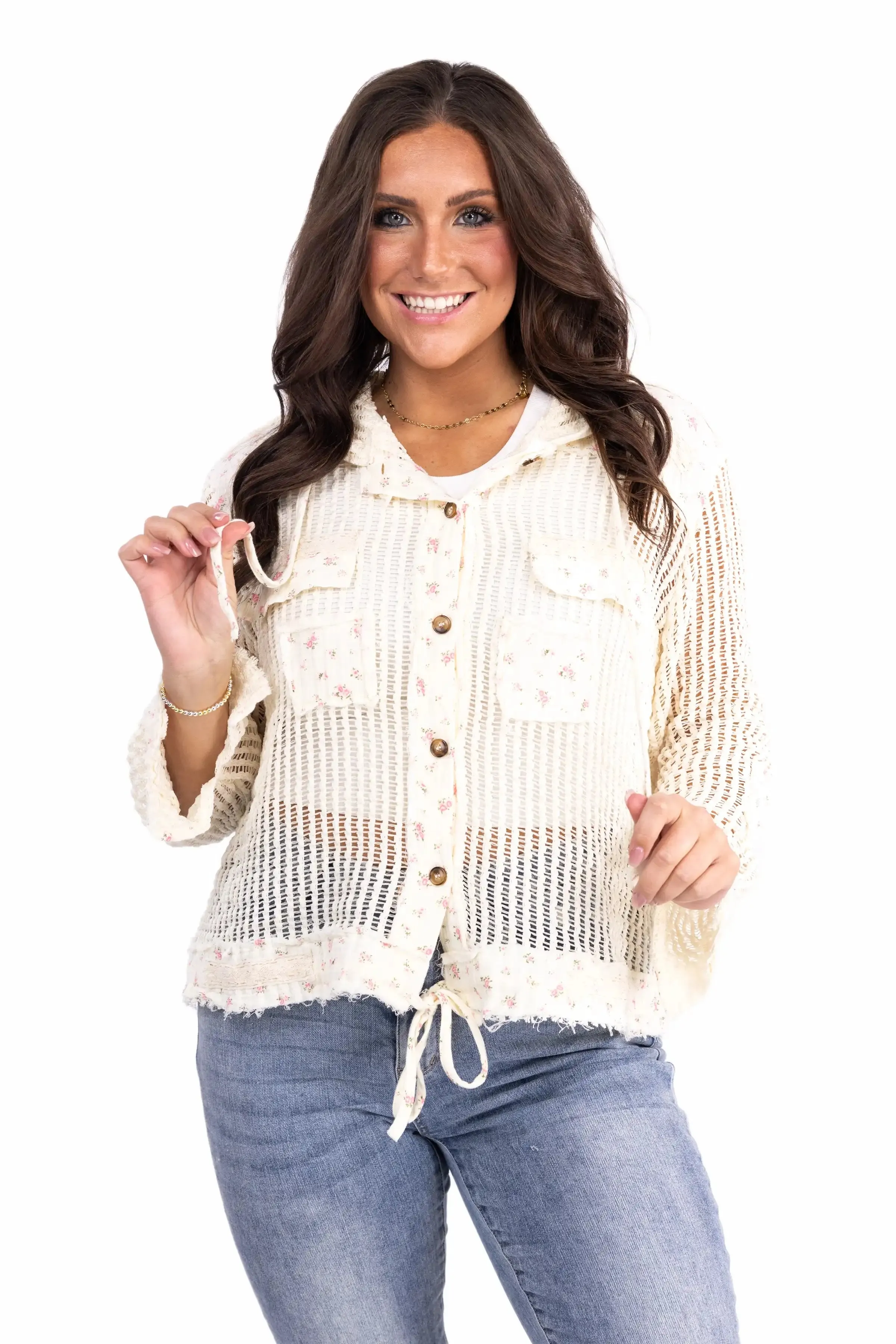 Damen-Jacke mit Häkelmuster und Knopfverschluss