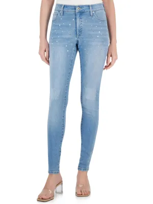 Damen-Jeans mit Verzierungen, gewaschen, Hellblau