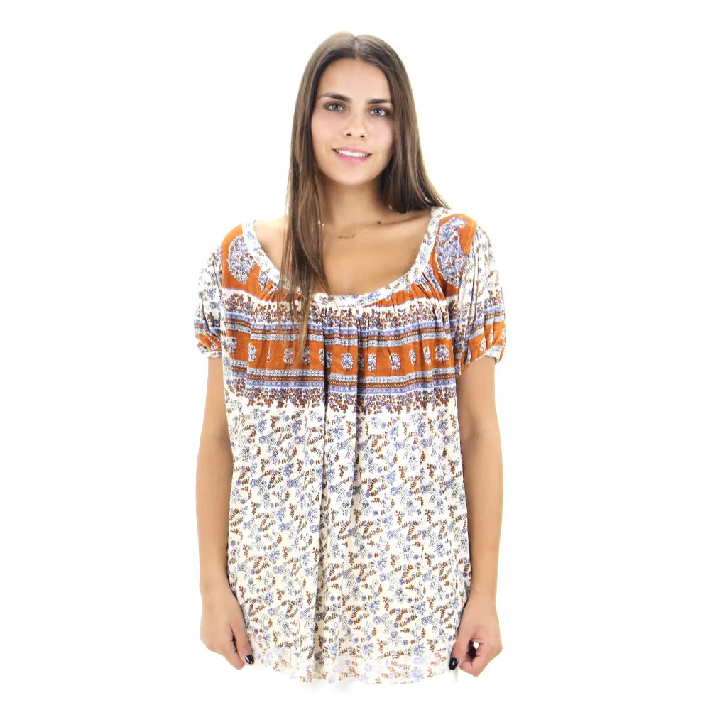 Damen Blumenmuster Ausschnitt Top, Elfenbein