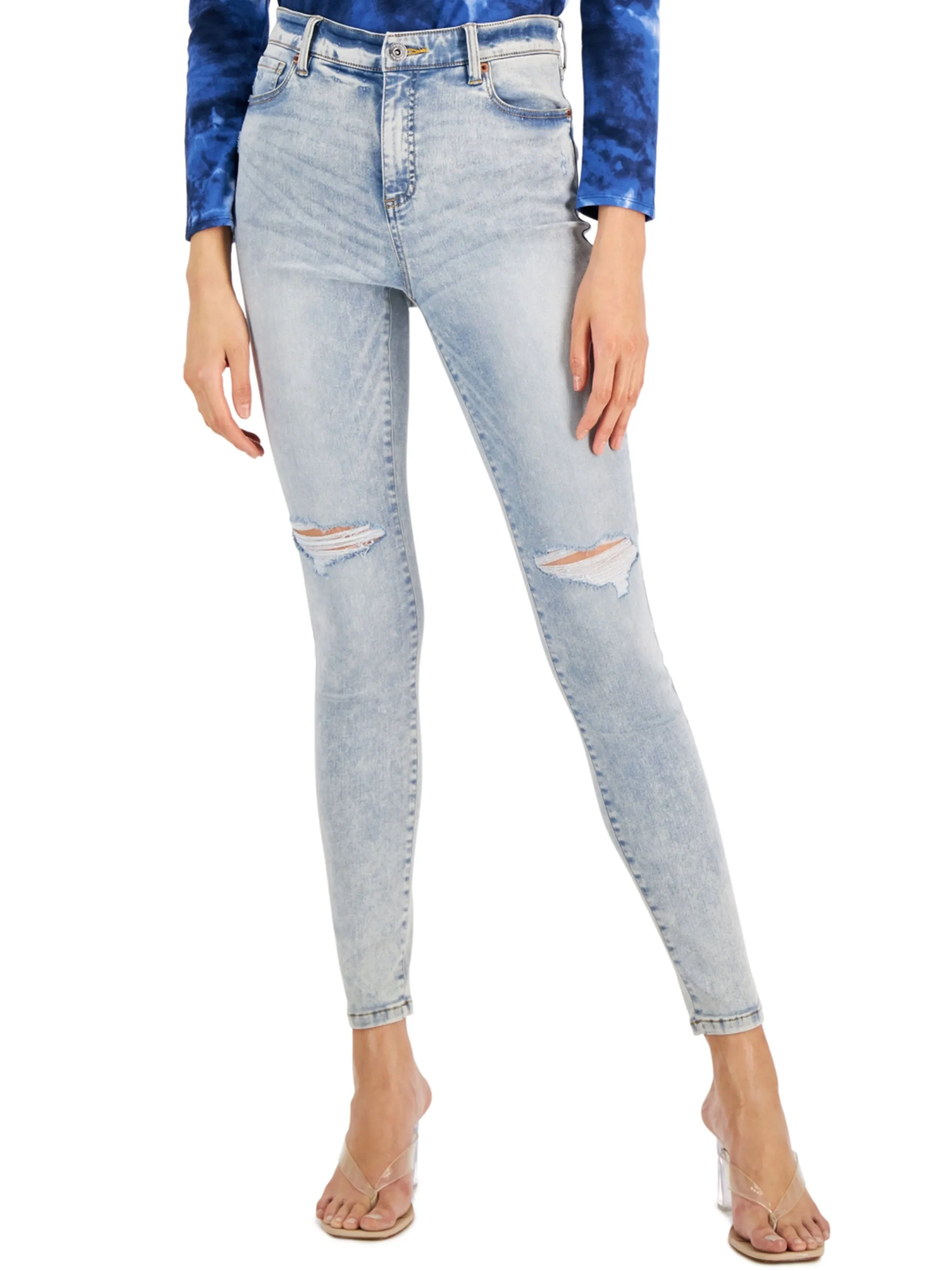 Damen High-Waist Slim Ripped Jeans, Hellblau