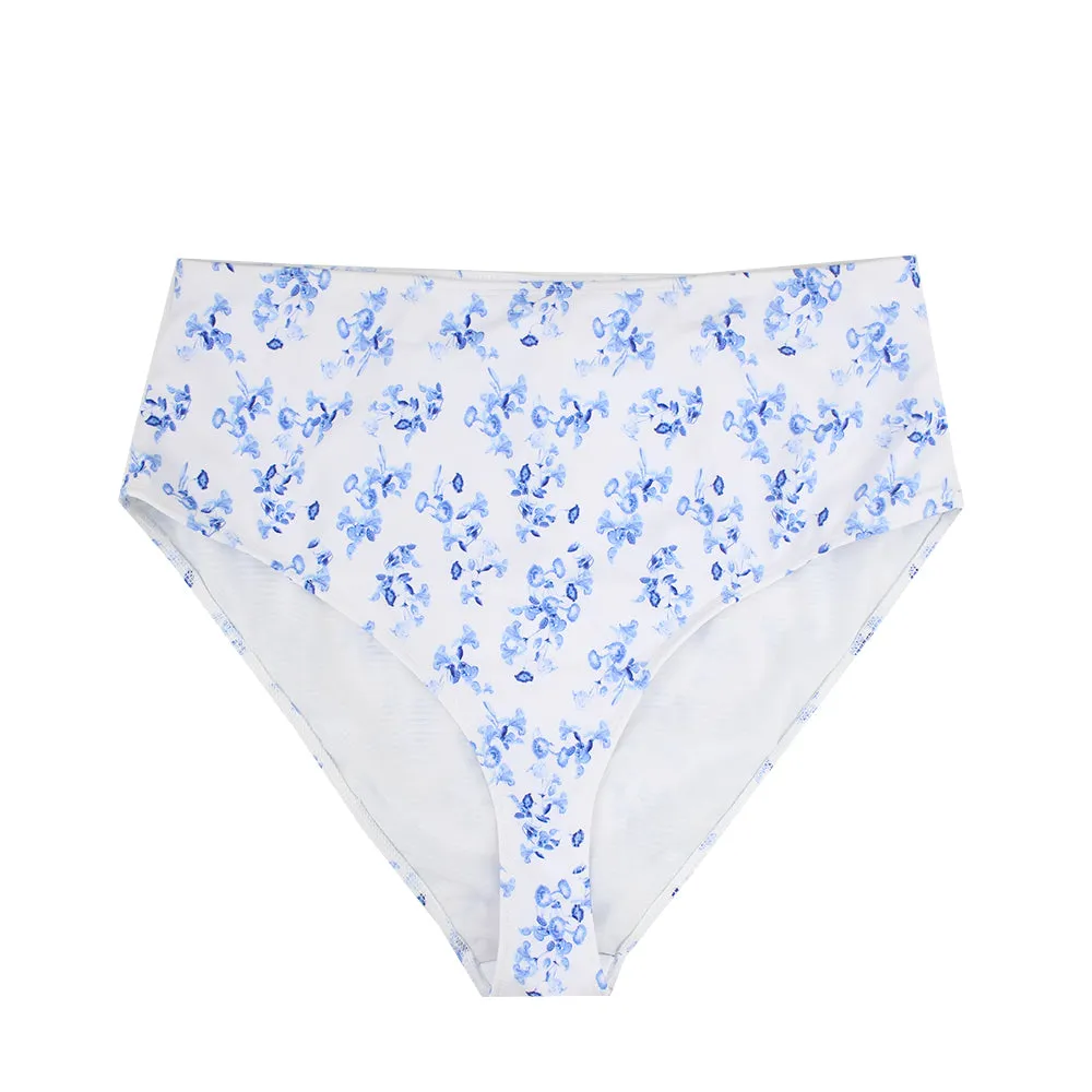 Damen Bikiniunterteil mit hoher Taille und Blumenmuster, Weiß