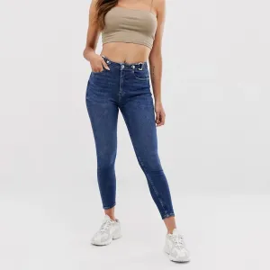 Damen Skinny Jeans mit hoher Taille und Gürtelschlaufe, Dunkelblau