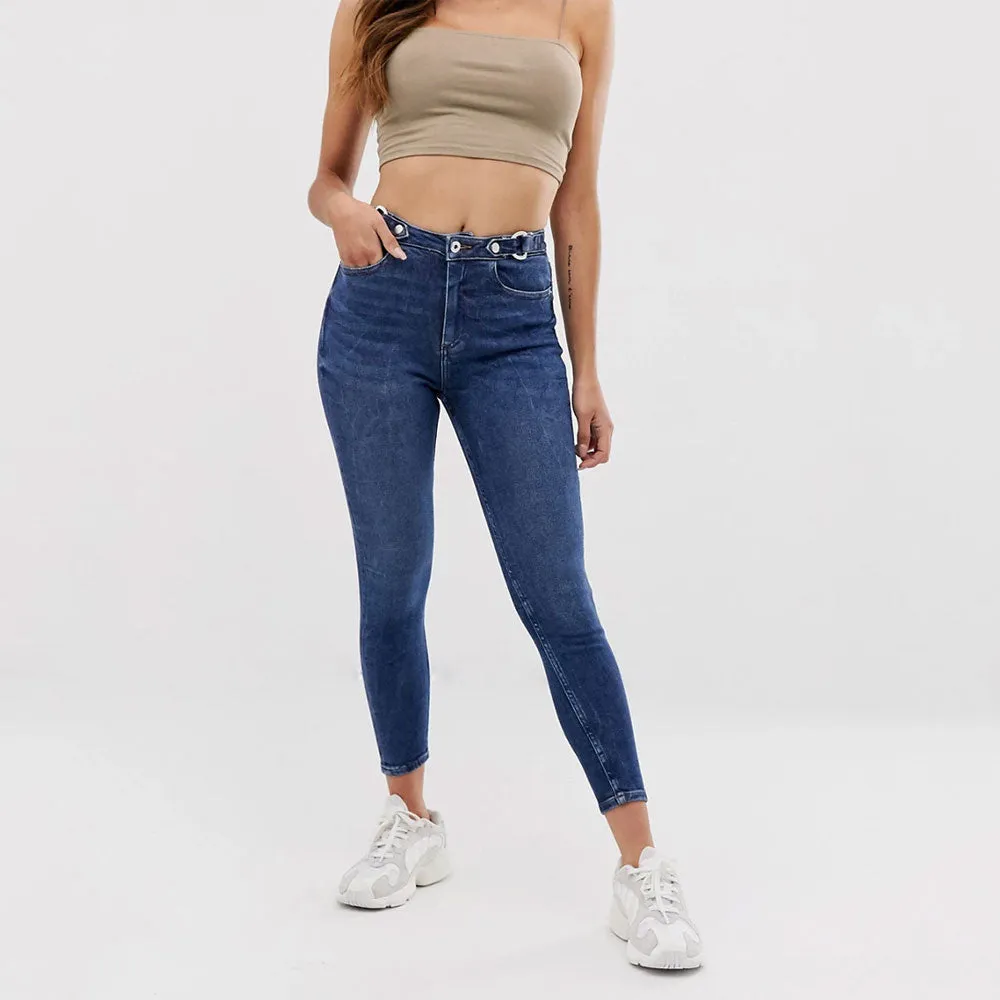 Damen Skinny Jeans mit hoher Taille und Gürtelschlaufe, Dunkelblau
