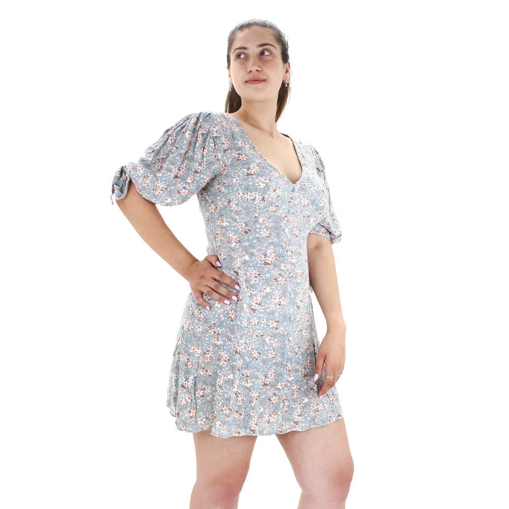 Damen Blumenkleid mit offenem Rücken, Blau
