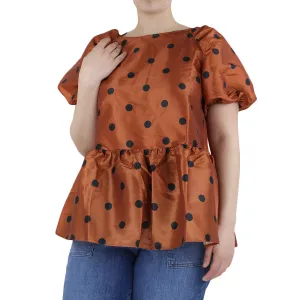 Damen-Polka-Punkt-Bluse mit Puffärmeln, Ziegelrot