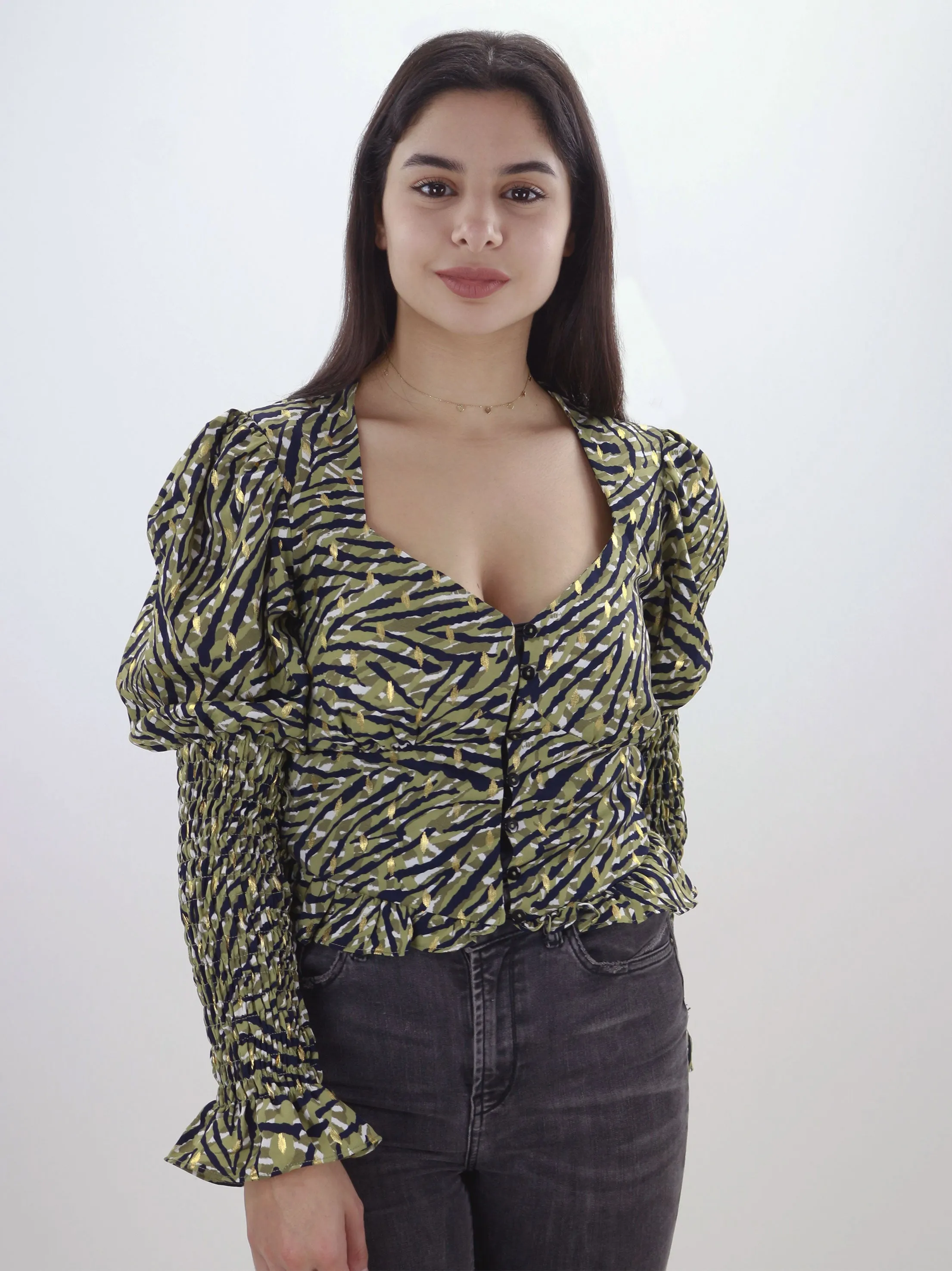 Damen V-Ausschnitt Bluse mit Druck und Knöpfen, Mehrfarbig